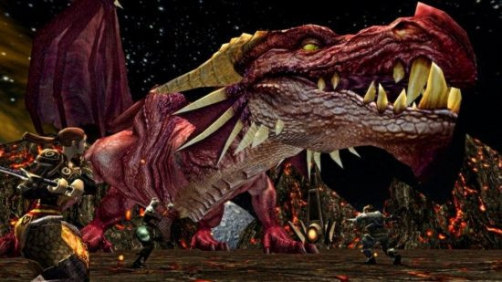 A large red dragon roars menacingly in Dungeons and Dragons online