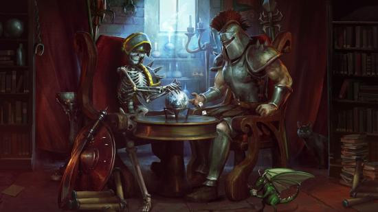 A knight and a skeleton at a table together in Runescape