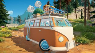 Outbound screenshot of a camper van driving through a forest