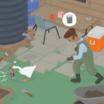 A Goose holding a radio while being chased by a gardener during the Untitled Goose Game.