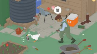 A Goose holding a radio while being chased by a gardener during the Untitled Goose Game.