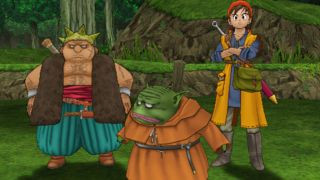 Yangus and Hero being guided by a green monster in the PS2 game Dragon Quest: Journey of the Cursed King