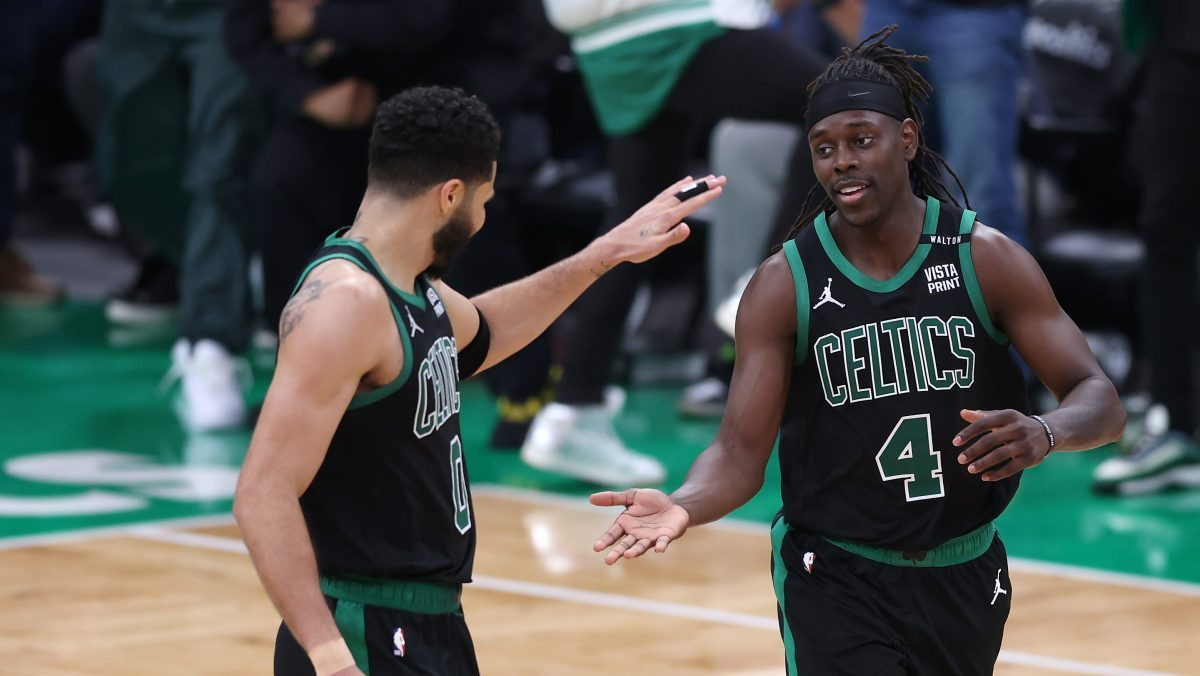 Jrue Holiday and Jayson Tatum celebrate a play during Game 2 of the NBA Finals.