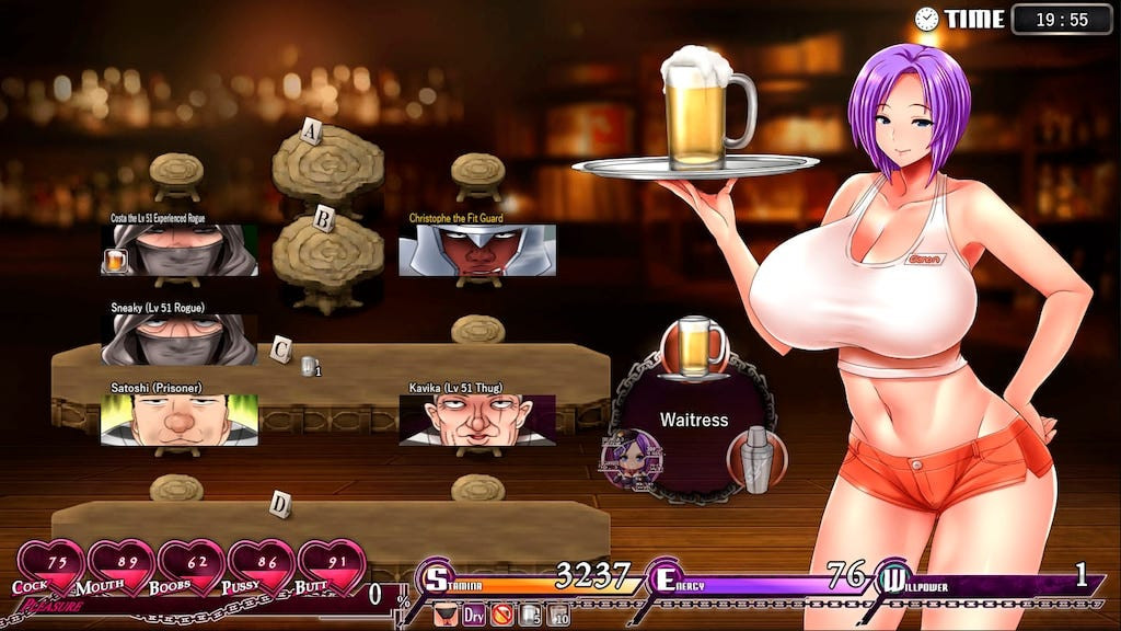 Karryn is carrying a mug of beer while dressed as a hooter girl