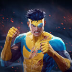 The superhero Invincible, his yellow-and-blue costume ripped, stares at the camera in a fighting pose.