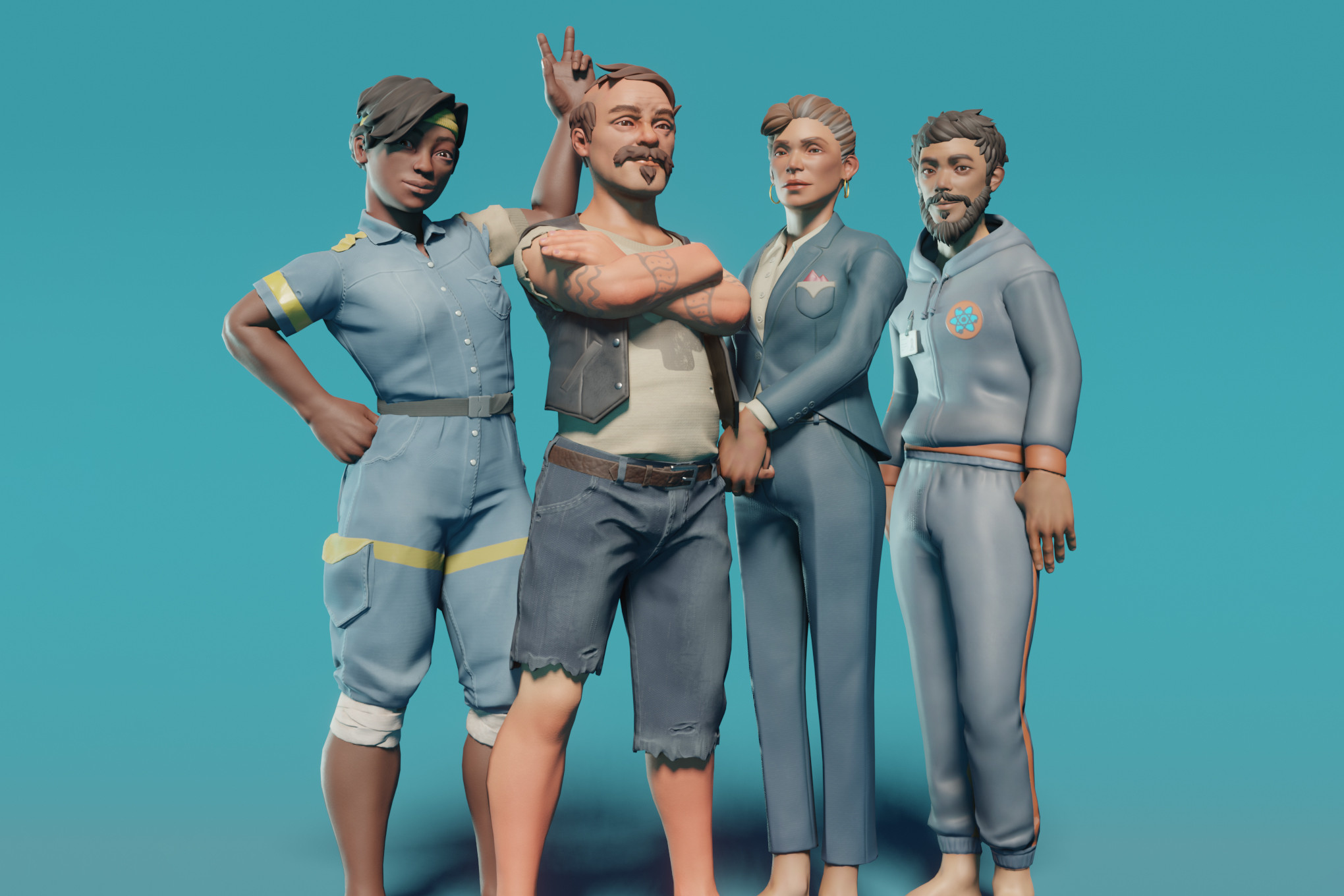 The four unlockable NPC characters in Raft, representing a diverse group of survivors.