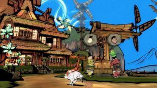 Okami racing through a healed village in the PS2 game Okami