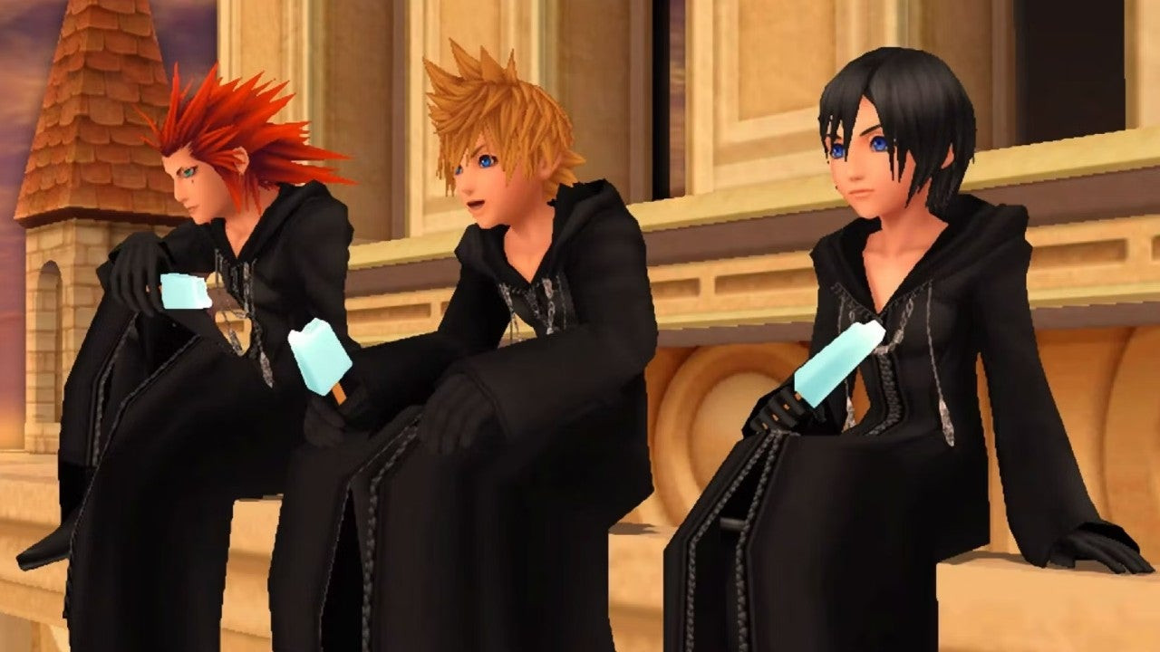 Kingdom Hearts 358/2 Days Roxas, Axel and Xion sitting on the clocktower