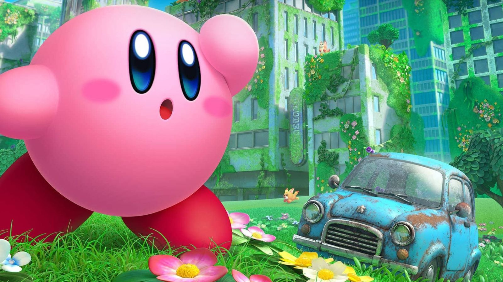 Key art for Kirby and the Forgotten Land showing the adorable pink blob searching for humanity in a post-apocalyptic hellscape, highlighting a cute main character set in a desolate environment.