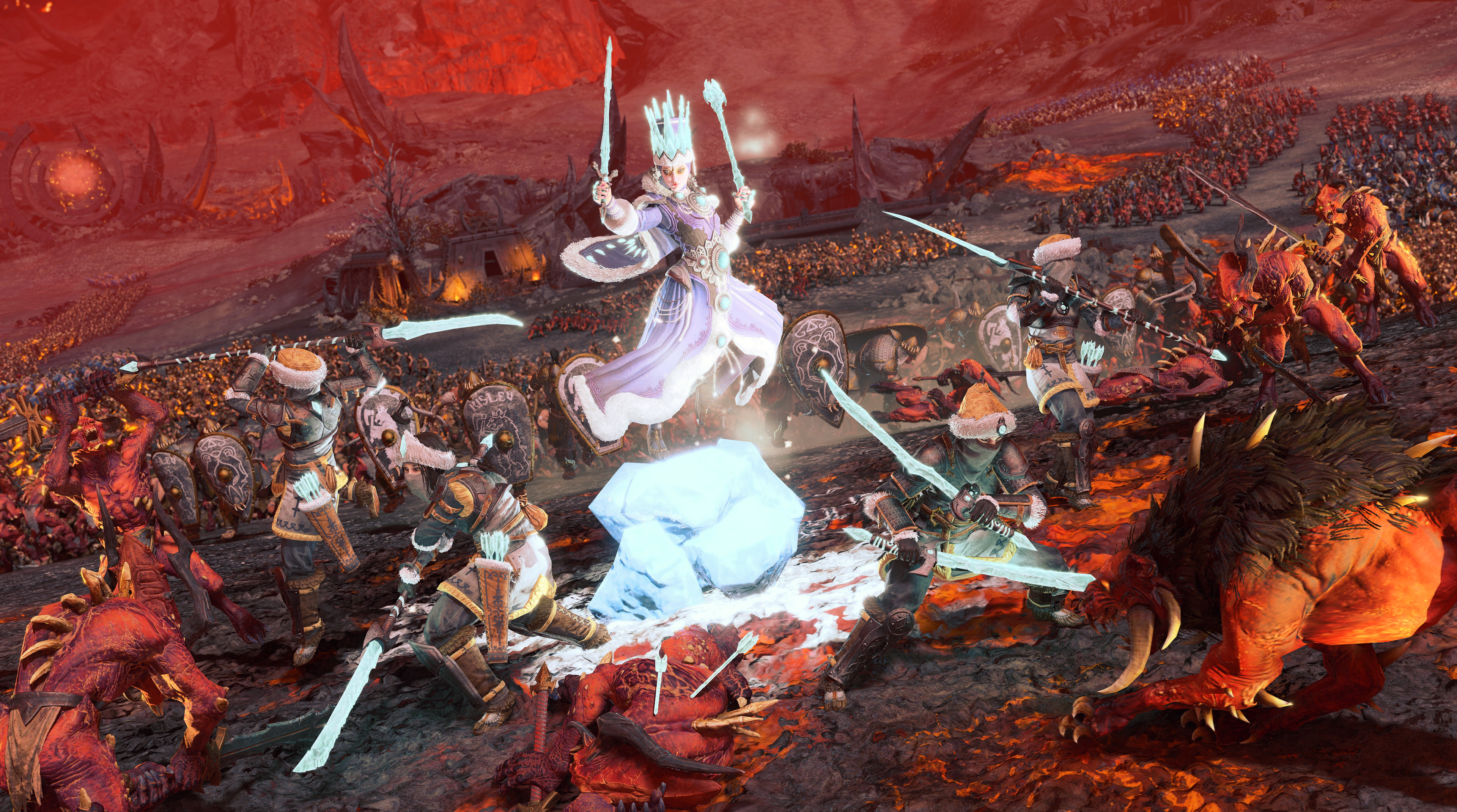 The Tzarina wades into battle against the forces of Khorne in Total War: Warhammer 3, a strategy scene with armies colliding in battle.