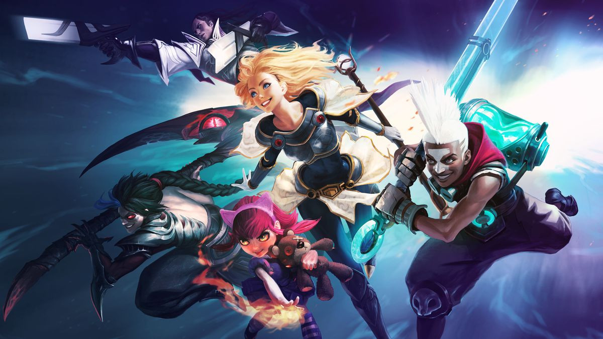 Several of League of Legends’ characters from Season 12 emerge from a void toward the camera, portraying the game's expansive roster.