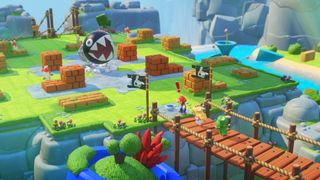 Mario leading two Rabbids across a bridge in the Nintendo game Mario + Rabbids Kingdom Battle.