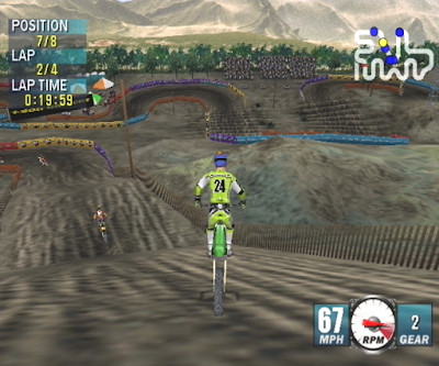 Screenshot from Jeremy McGrath Supercross 2000 showing riders on a track, highlighting the game's odd proportions and poor textures MC