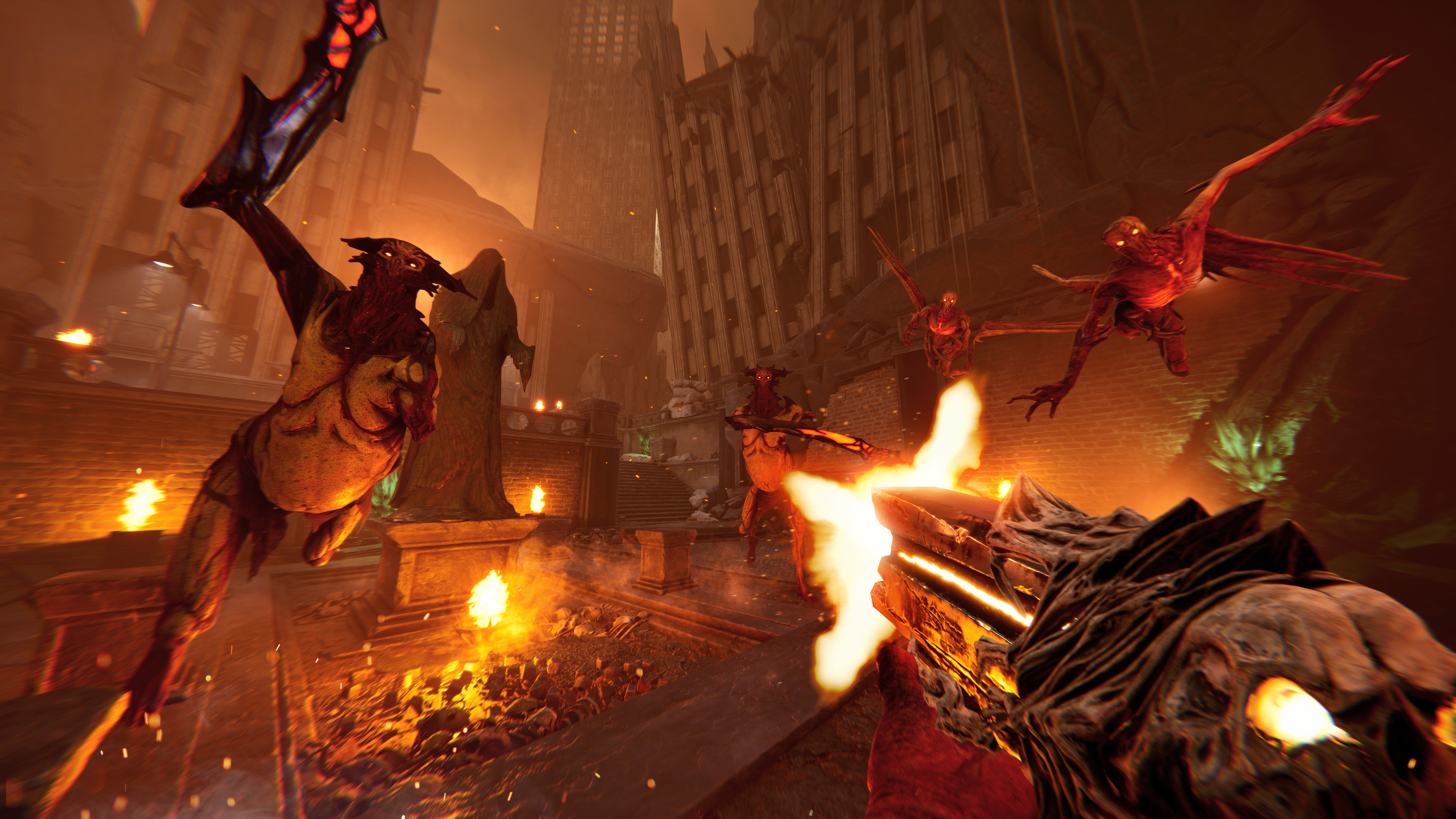 Shooting leaping demons in Metal: Hellsinger, which exhibits rhythmic shooting action with demons.