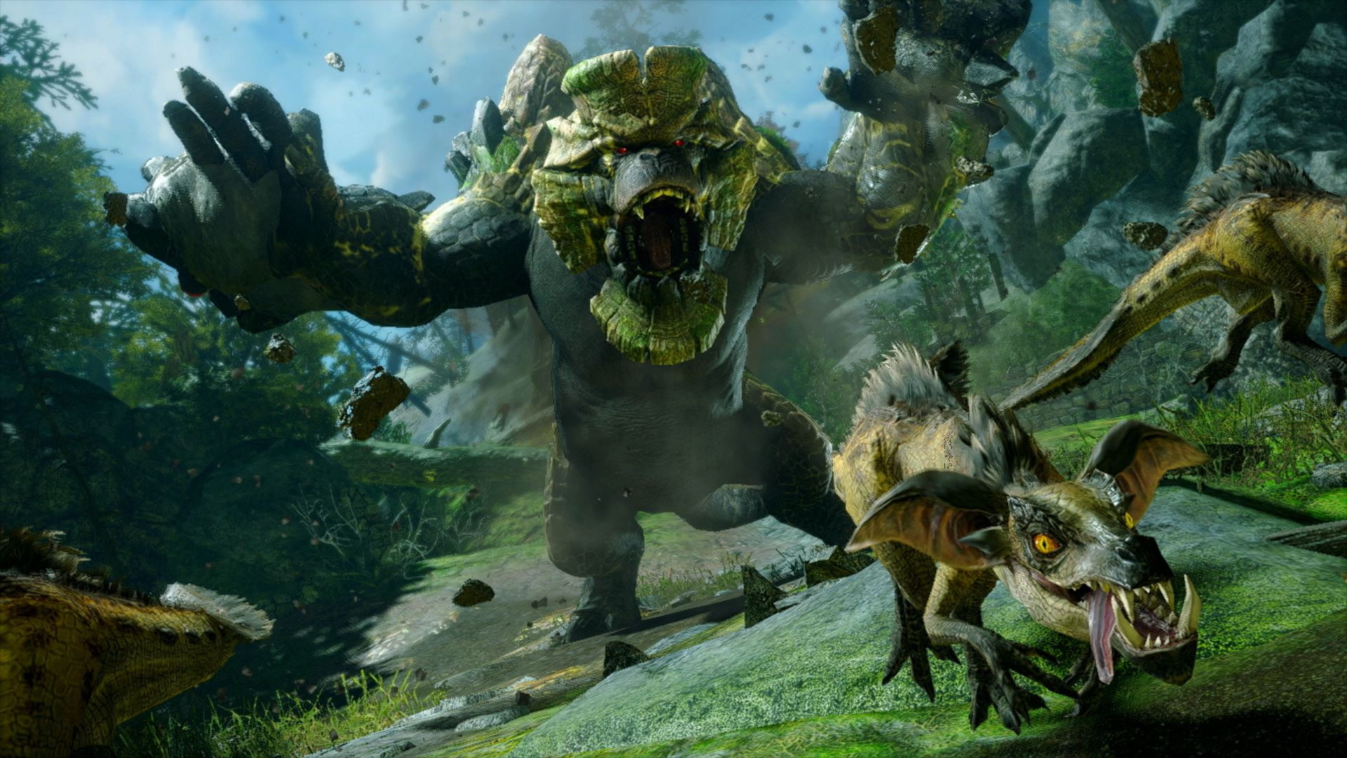 A Garangolm yells at some lesser beasts in Monster Hunter Rise: Sunbreak, which shows the game's monstrous creatures in action.