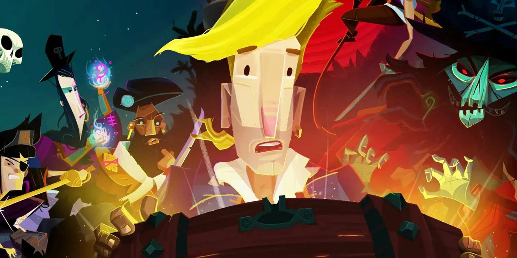 Guybrush and his cohorts look inside a treasure chest in Return to Monkey Island, showing a comical treasure hunt.