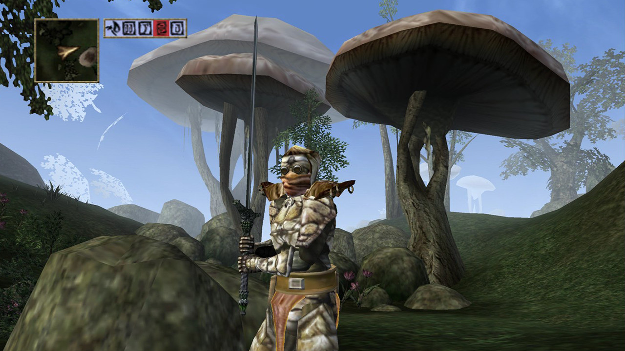 A Morrowind player standing near giant mushrooms in a lush environment