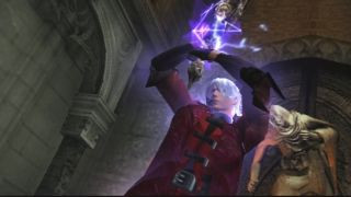 Dante holding a purple glowing sword above his head in one of the best PS2 games, Devil May Cry