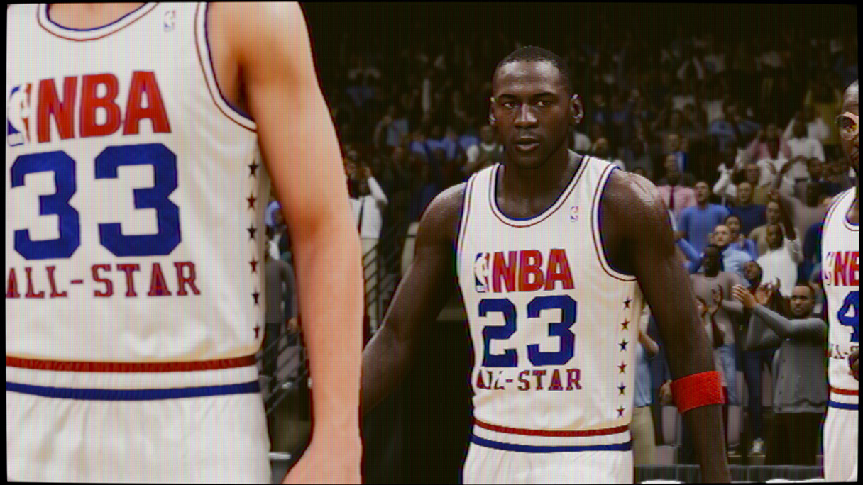 Michael Jordan in his NBA All-Star uniform from 1985 to 1990. It shows Michael Jordan playing basketball in 1980s showing the historic modes in 2K23.
