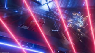 Lasers in a tower shining during Fairgames, the new heist game from Haven.
