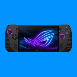 Asus ROG Ally X handheld gaming PC against a blue background