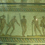 Mosaic floor depicting various athletes wearing wreaths. From the Museum of Olympia.