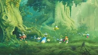 Rayman and friends running through a lush green landscape in Rayman Legends.