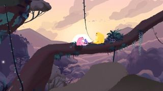 Three colorful apes sitting on a tree branch during a sunset in the game Gibbon: Beyond the Trees on Apple Arcade