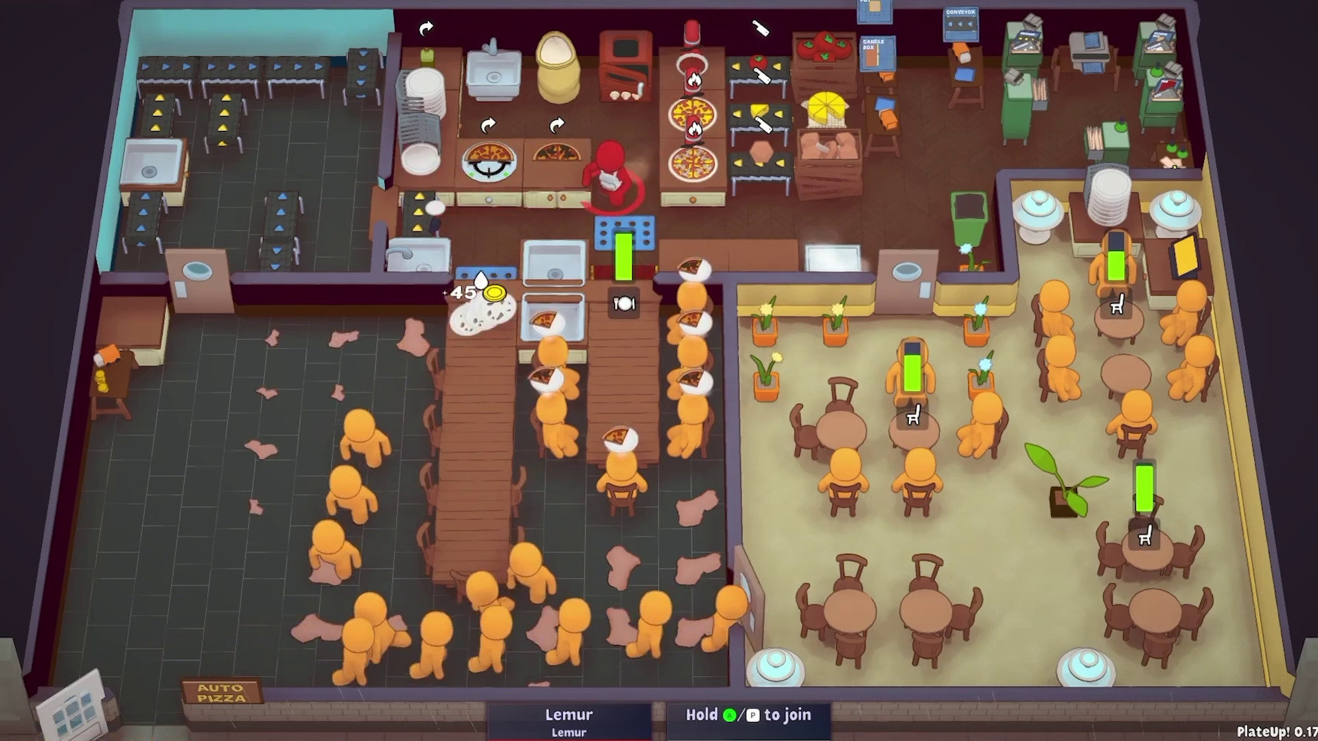 The restaurant in Plate Up! teems with customers and employees from a bird’s eye perspective, which highlights the hectic kitchen management gameplay.