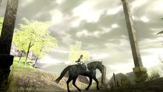 Wander riding a black horse in the PS2 game Shadow Of The Colossus