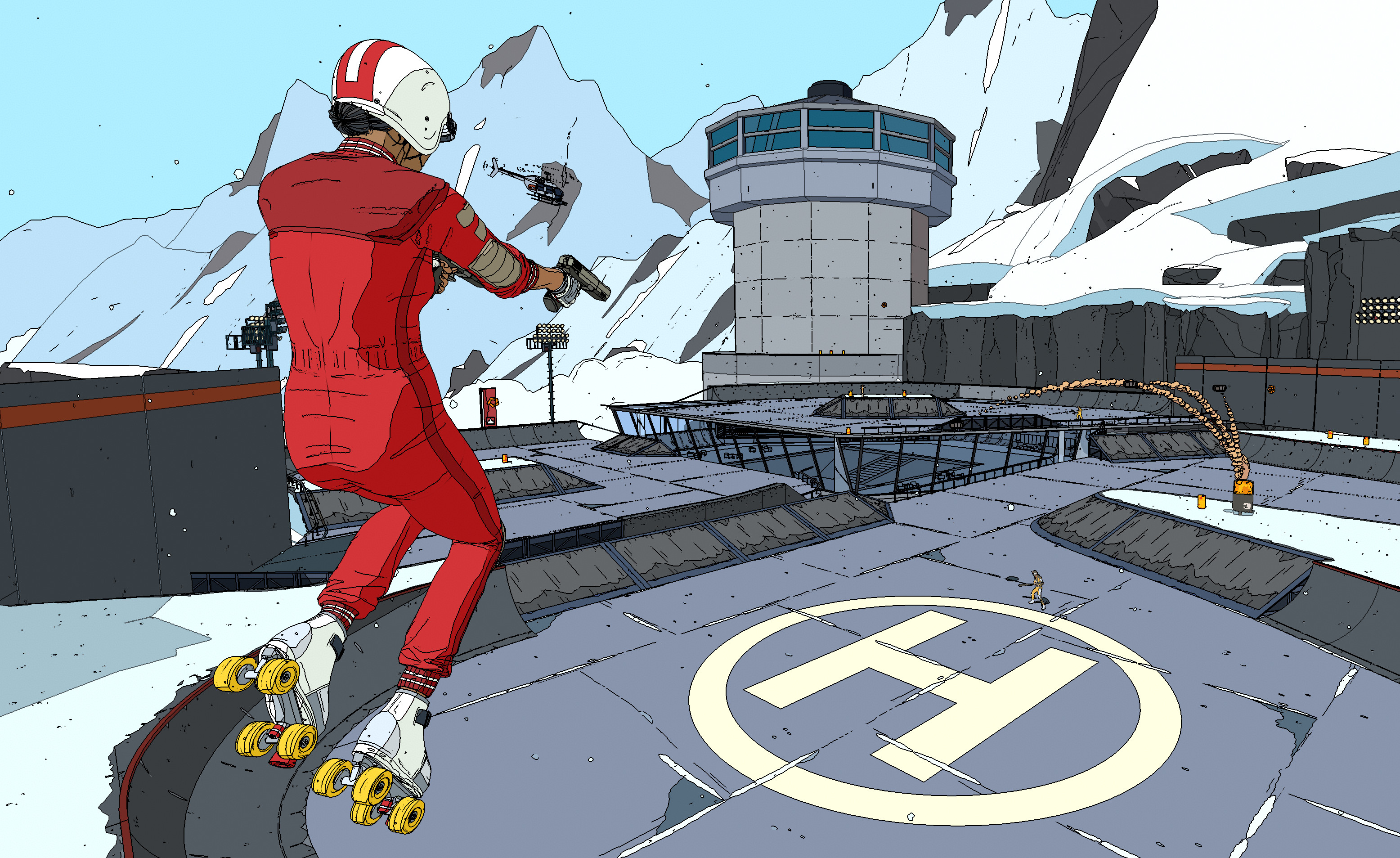 A person in roller skates and a red boilersuit aiming a gun, while flying high in the air, all in a cel-shaded art style, from Rollerdrome. A skater in mid-air action highlighting the fast-paced, gun-wielding skating game.