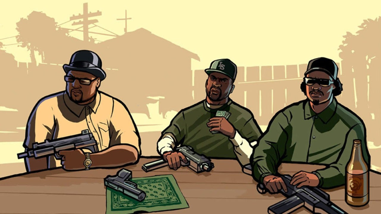Cartoon drawing of San Andreas characters in a vibrant and detailed setting