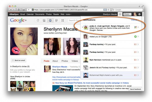 Google+ Games notification grouping invites