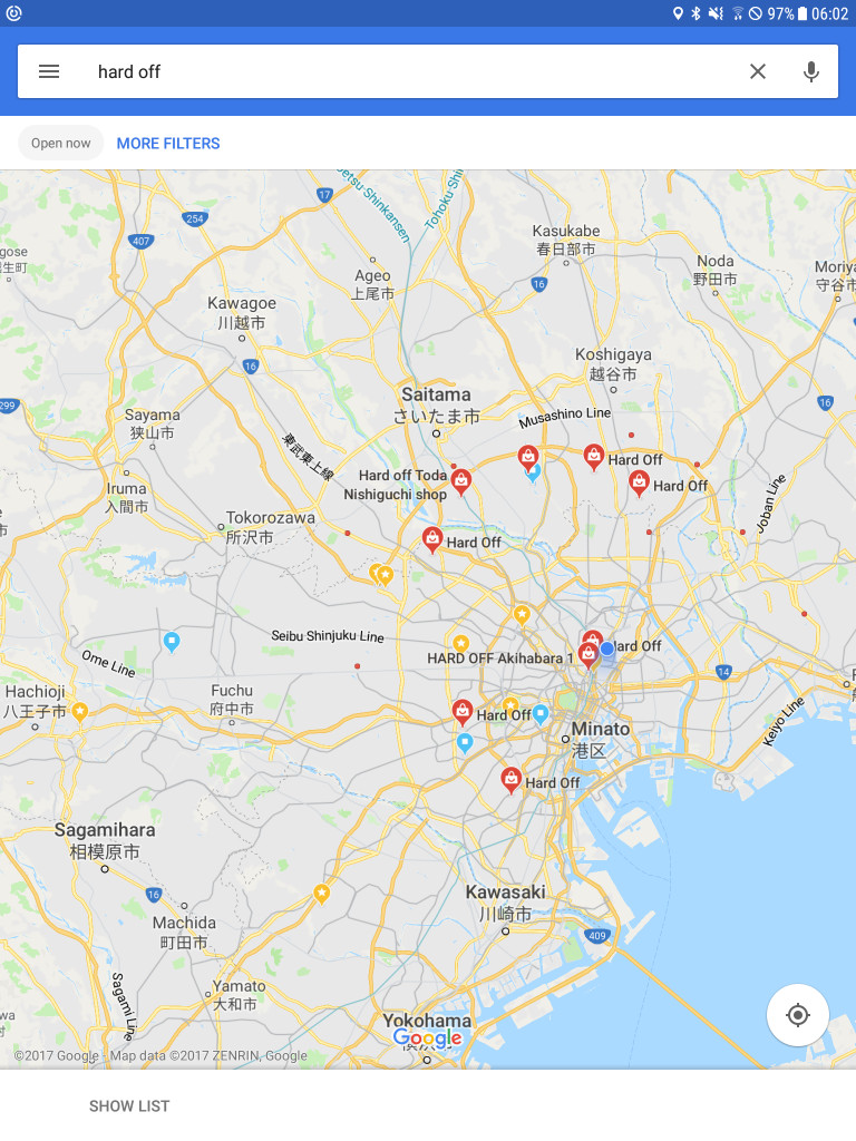 Zoomed-in view of a map showing Hard Off stores in a specific area