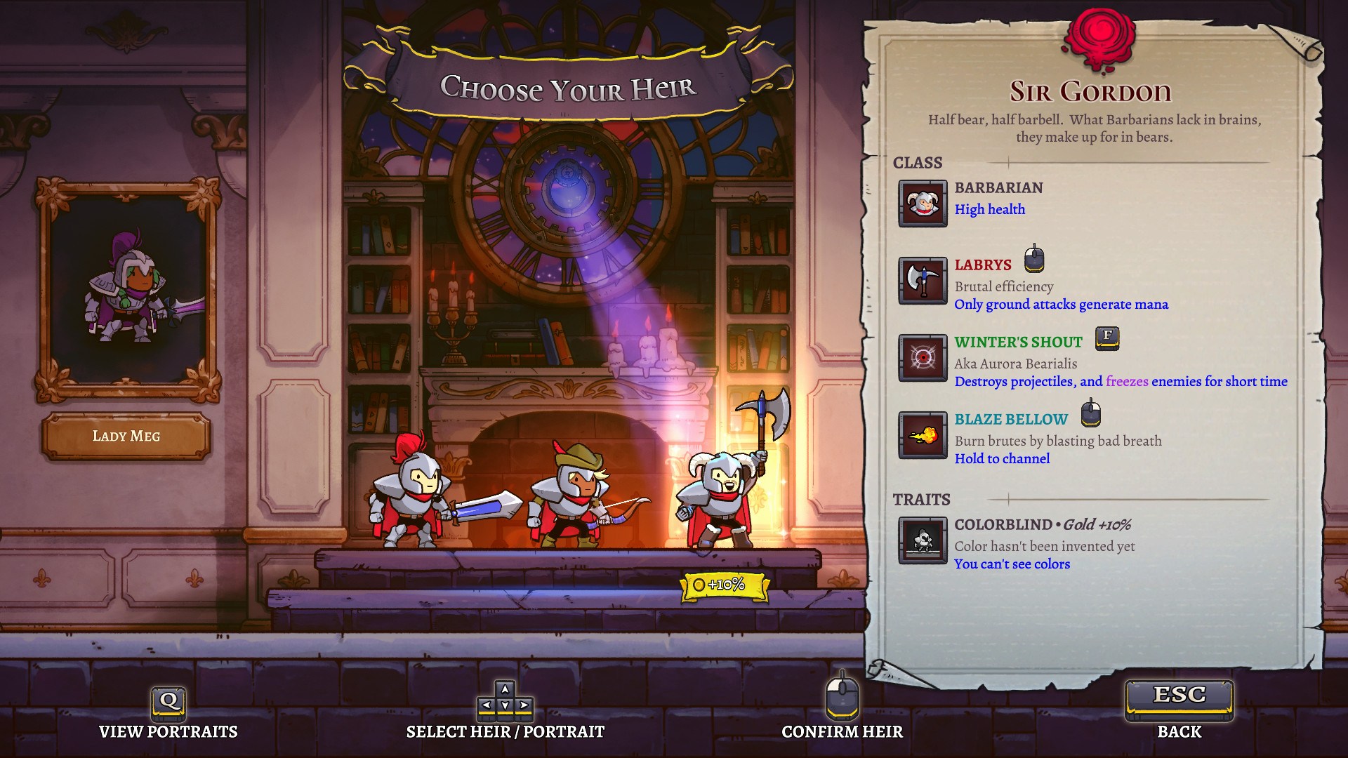 The heir selection screen in Rogue Legacy 2. It shows the diverse range of characters, illustrating the roguelite with unique traits and abilities.