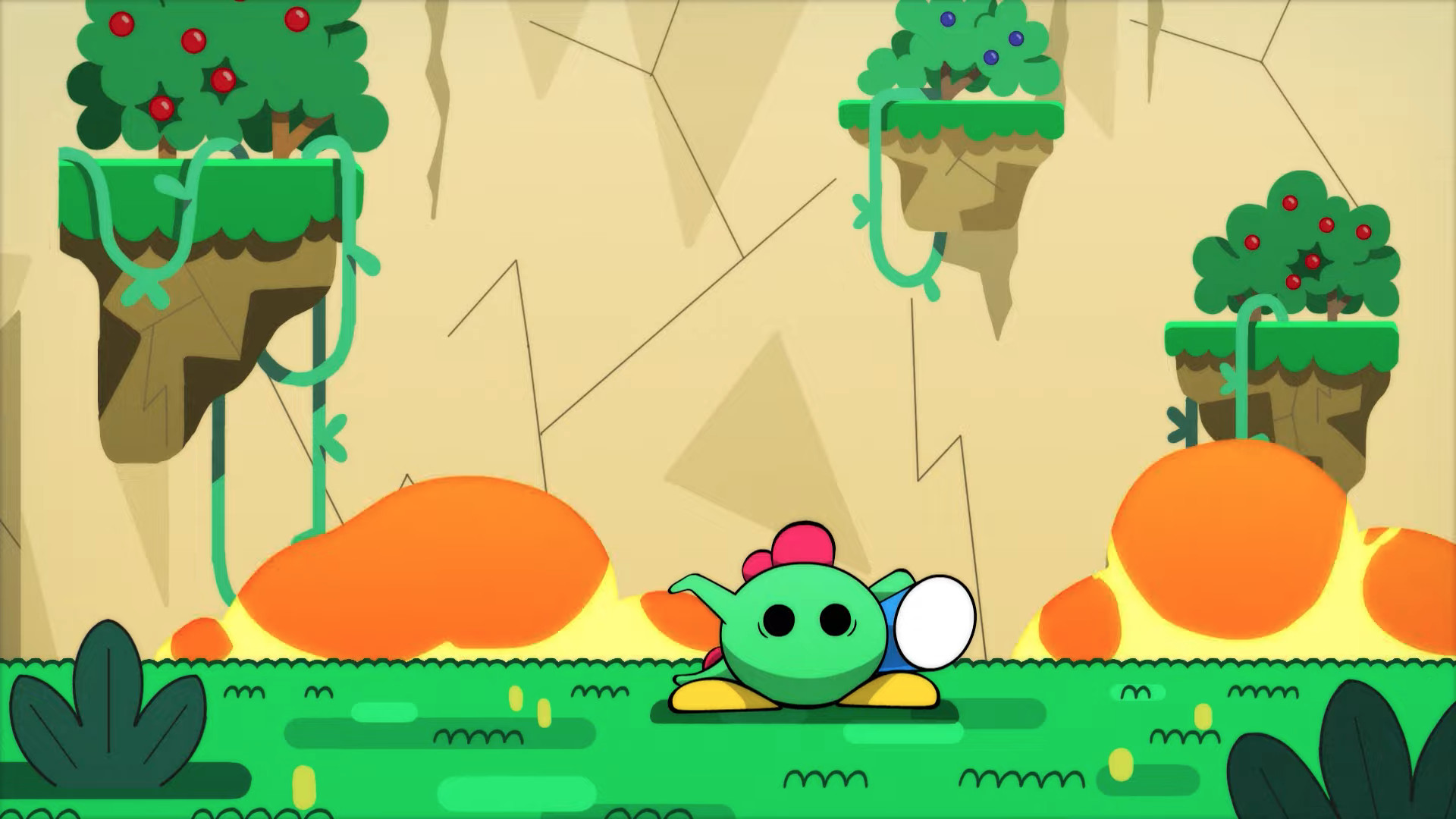 The main character from Poinpy jumps up to collect fruit. A dinosaur with jumping abilities demonstrates the fast-paced gameplay of the mobile game.