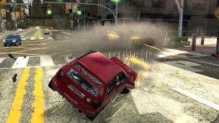A red car crashing into the road during the PS2 game Burnout 3: Takedown