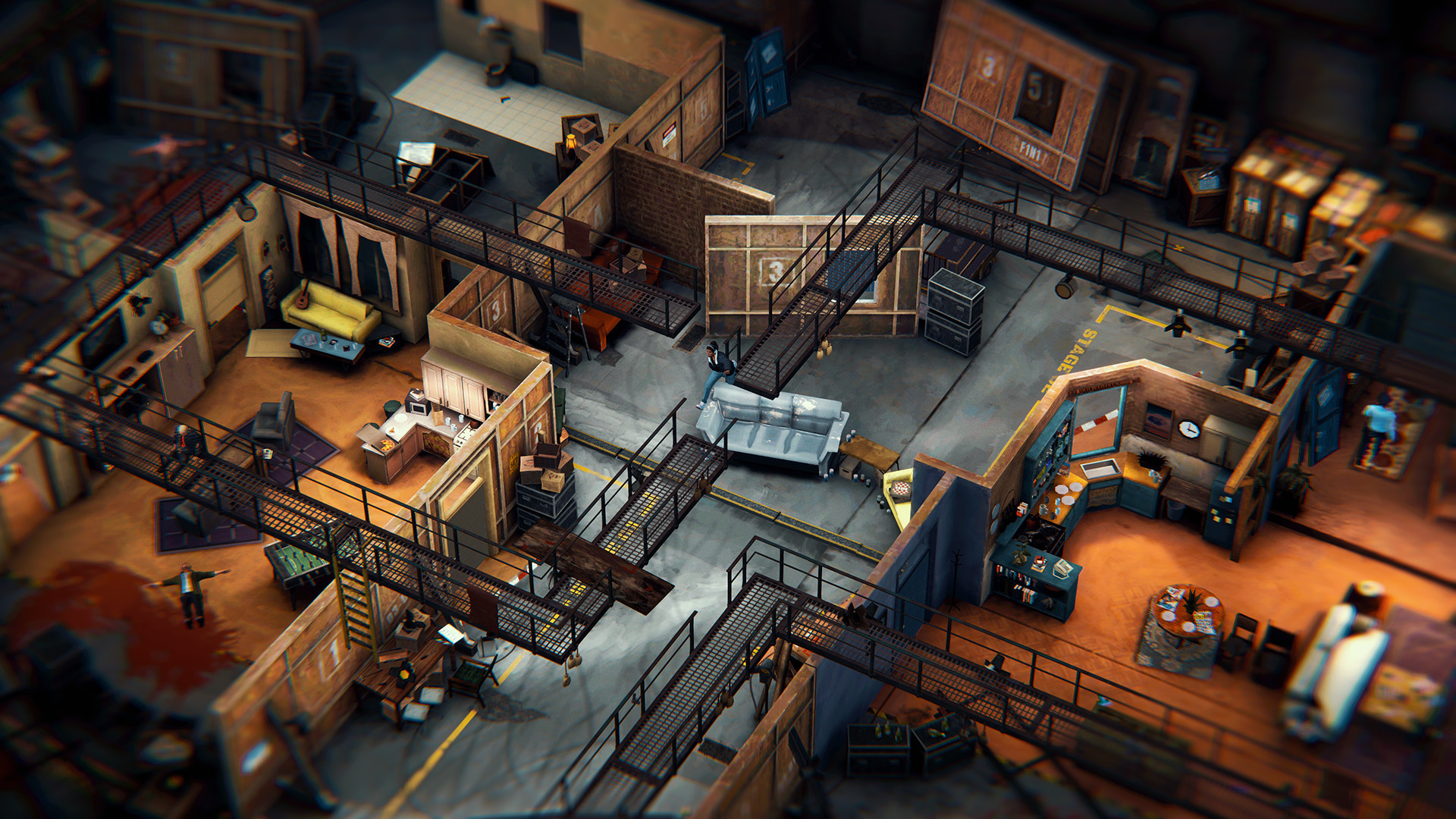 A top-down perspective of an urban environment and warehouse with catwalks and alleyways in Serial Cleaners, illustrating the game's stealthy gameplay in a complex environment.