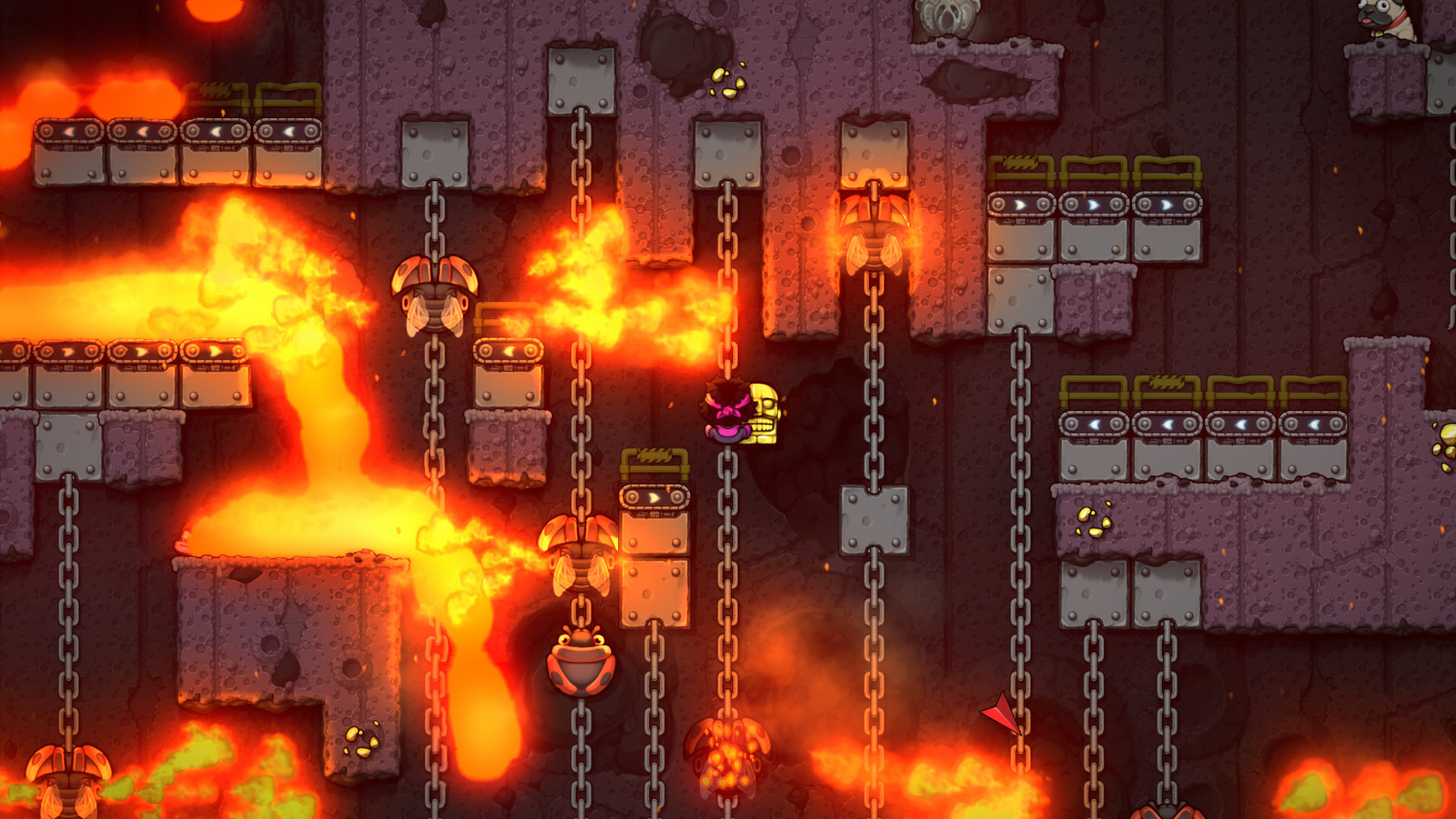 An adventurer carries a gold trophy as she climbs a chain while lava and flames close in
