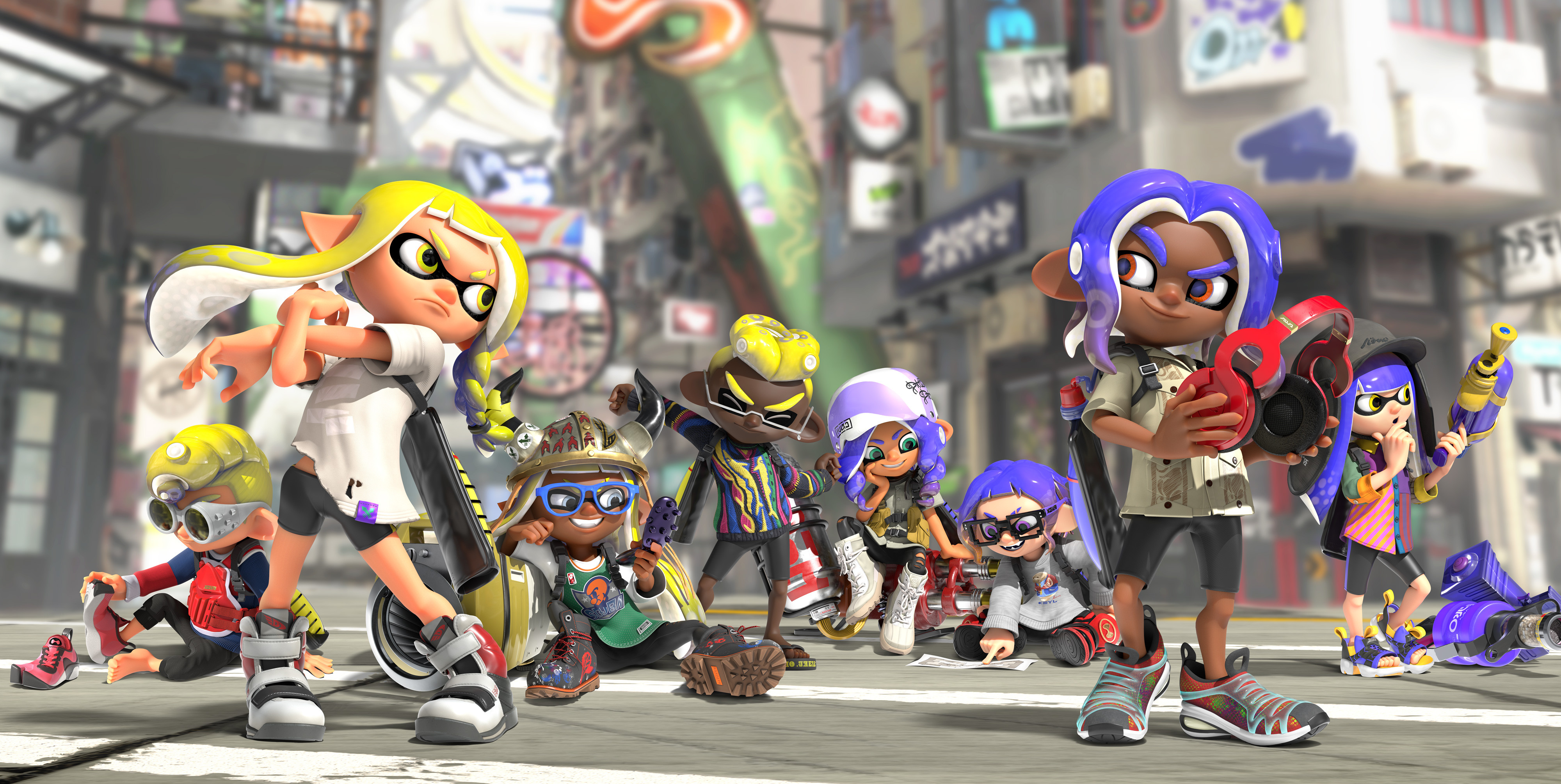 Inklings and Octolings face off in a city street in artwork from Splatoon 3, showing the style and team-based action of the game.