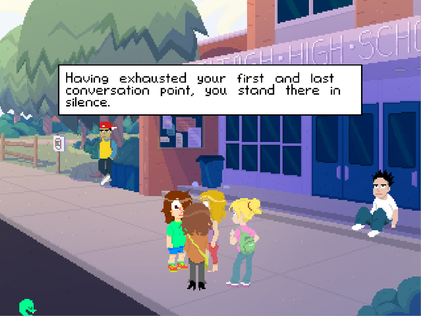 Kids talk shit in front of a high school in Perfect Tides, illustrating the visual novel set in a digital age.