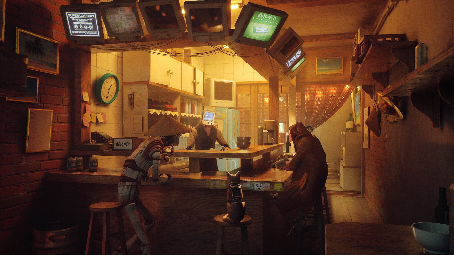 A cat waits at a bar with three humanoid robots in a screenshot from Stray. Image shows a robotic companion cat with humanlike droids inside the game.