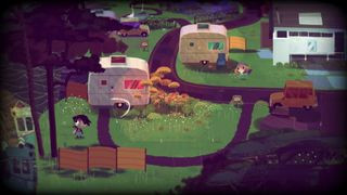 A small boy standing in the rain in front of two caravans during the game Knights and Bikes.