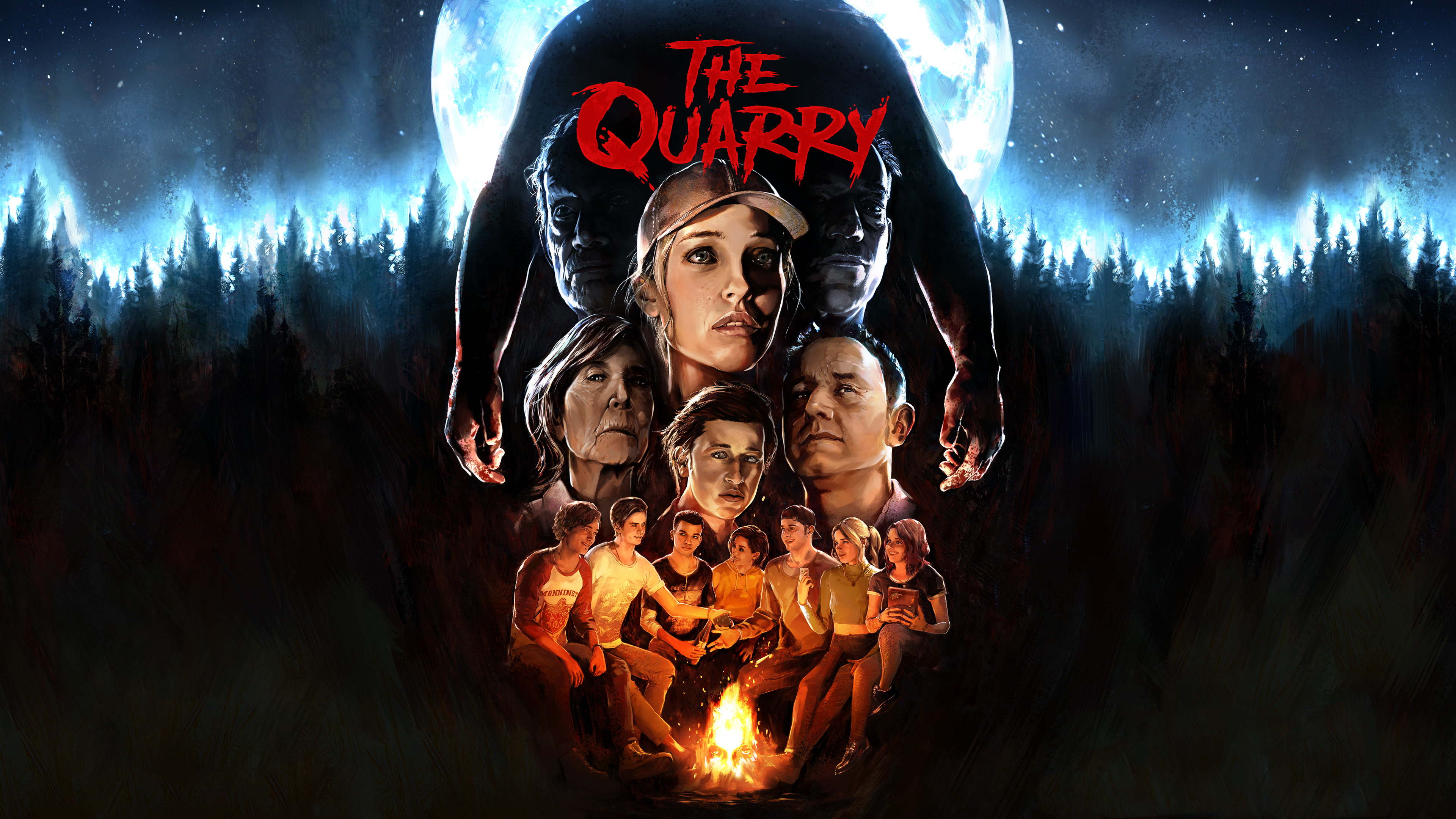 Key art for The Quarry, featuring the cast and logo. It shows horror elements with a group of young adults in a dangerous and dark forest.