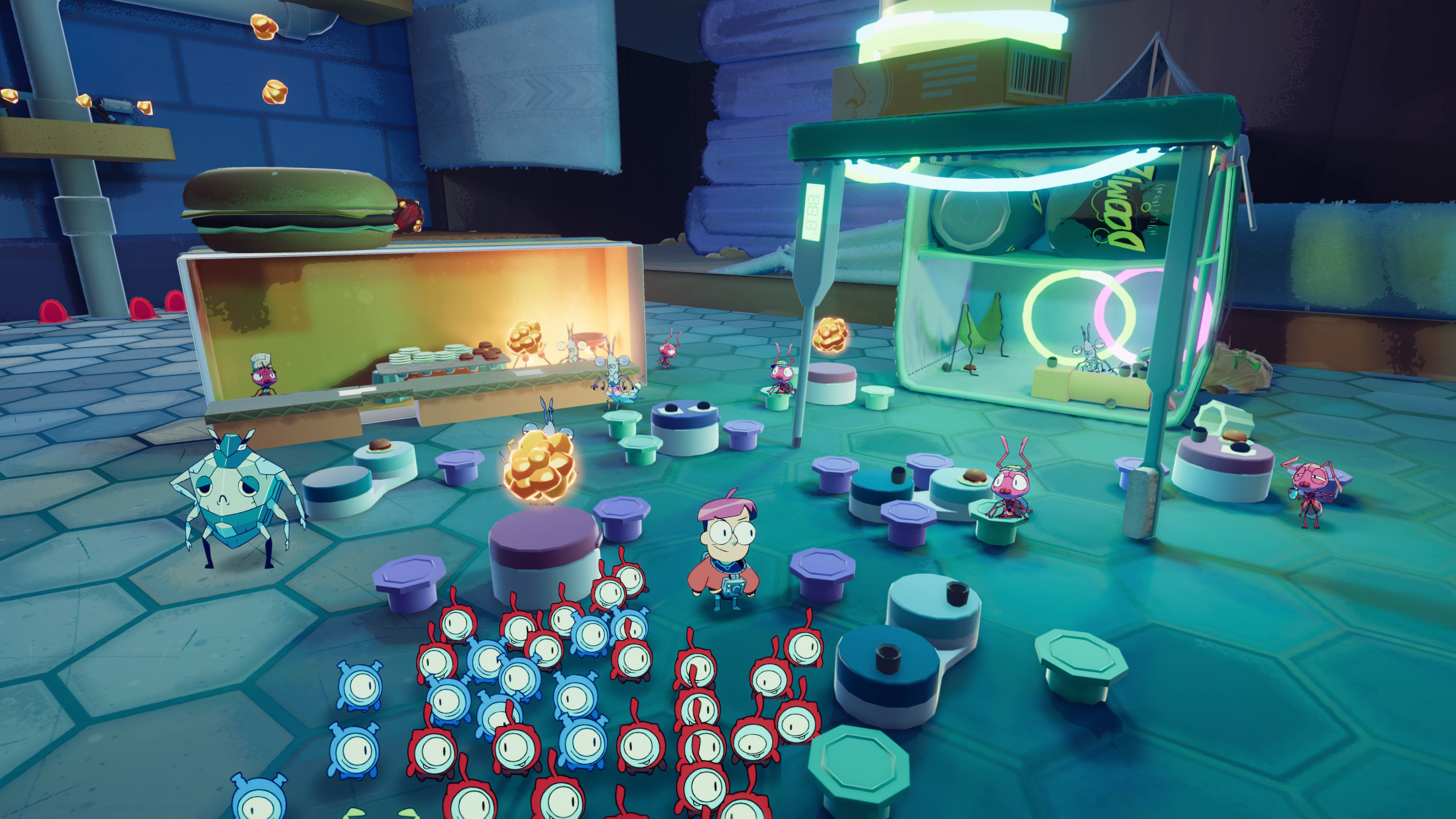 The astronaut protagonist of Tiny Kin leads a group of the titular creatures in a diorama-like area in the house’s bathroom. It portrays the character moving through a detailed bathroom environment in the game.
