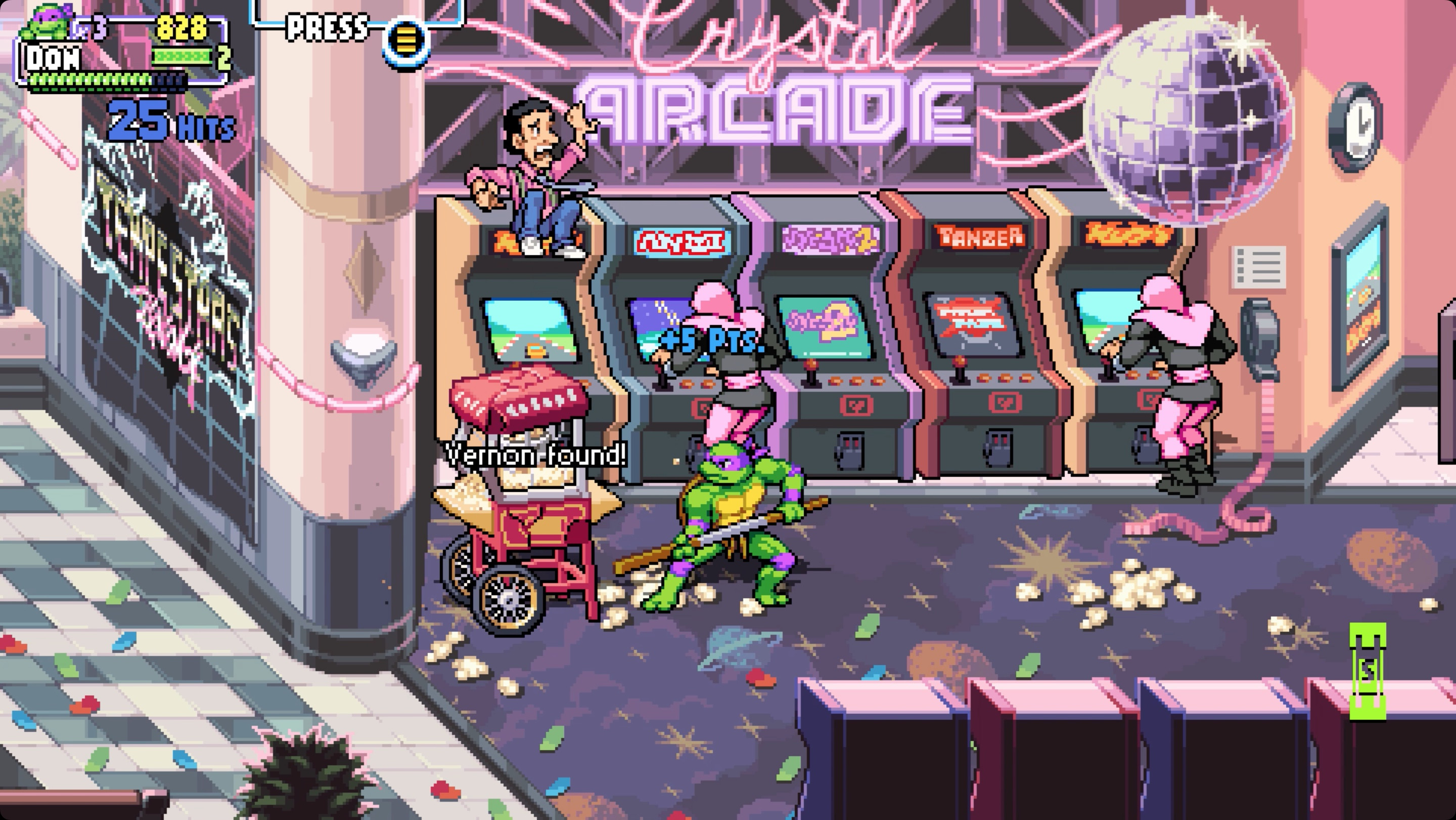 TMNT Shredder’s Revenge screenshot Vernon location in episode 6. Image shows gameplay from a location in the game where TMNT characters are fighting in a city.