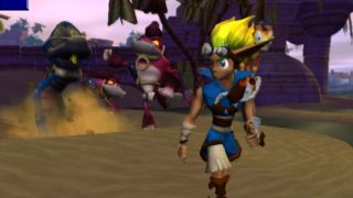 Jax and Daxter walking through a desert land with three enemies in the background during the PS2 game Jak And Daxter: The Precursor Legacy