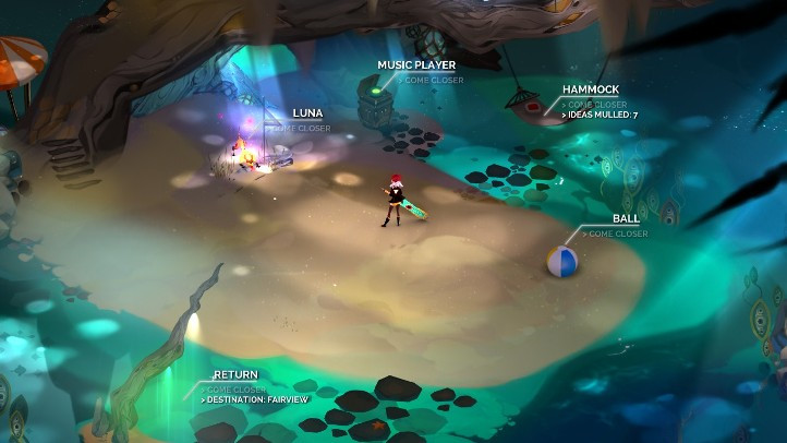 Transistor screenshot with back door beach hub world - analysis and criticism of Transistor