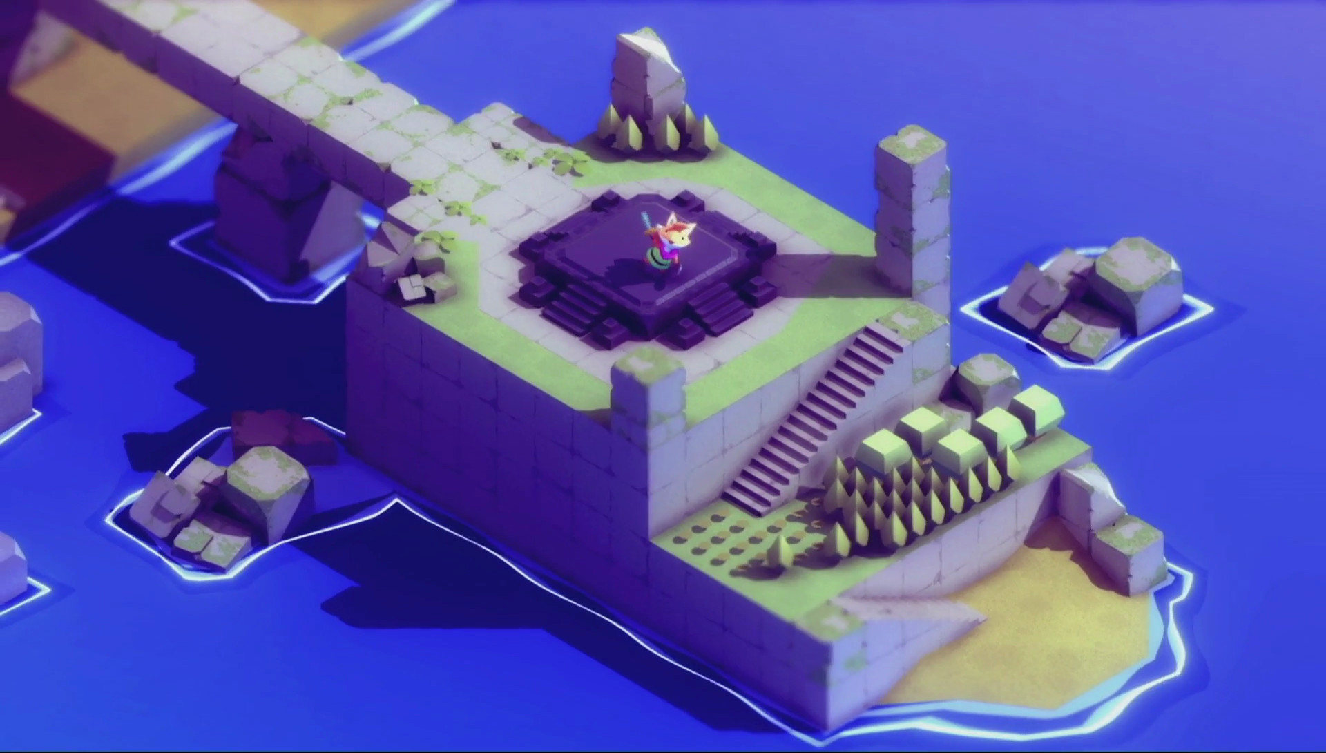 The protagonist Fox lifts his sword into the air in Tunic, near a stone bridge leading to an altar, emphasizing action in the adventure game.