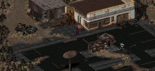 A character exploring an empty town during Fallout 2
